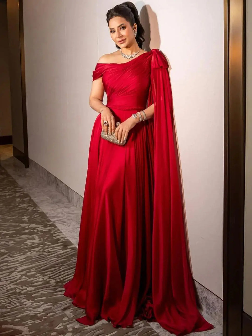Sharon Said Dubai Red Off Shoulder Elegant Evening Dress with Bow Cape for Women Wedding Formal Gown SF488 Customized