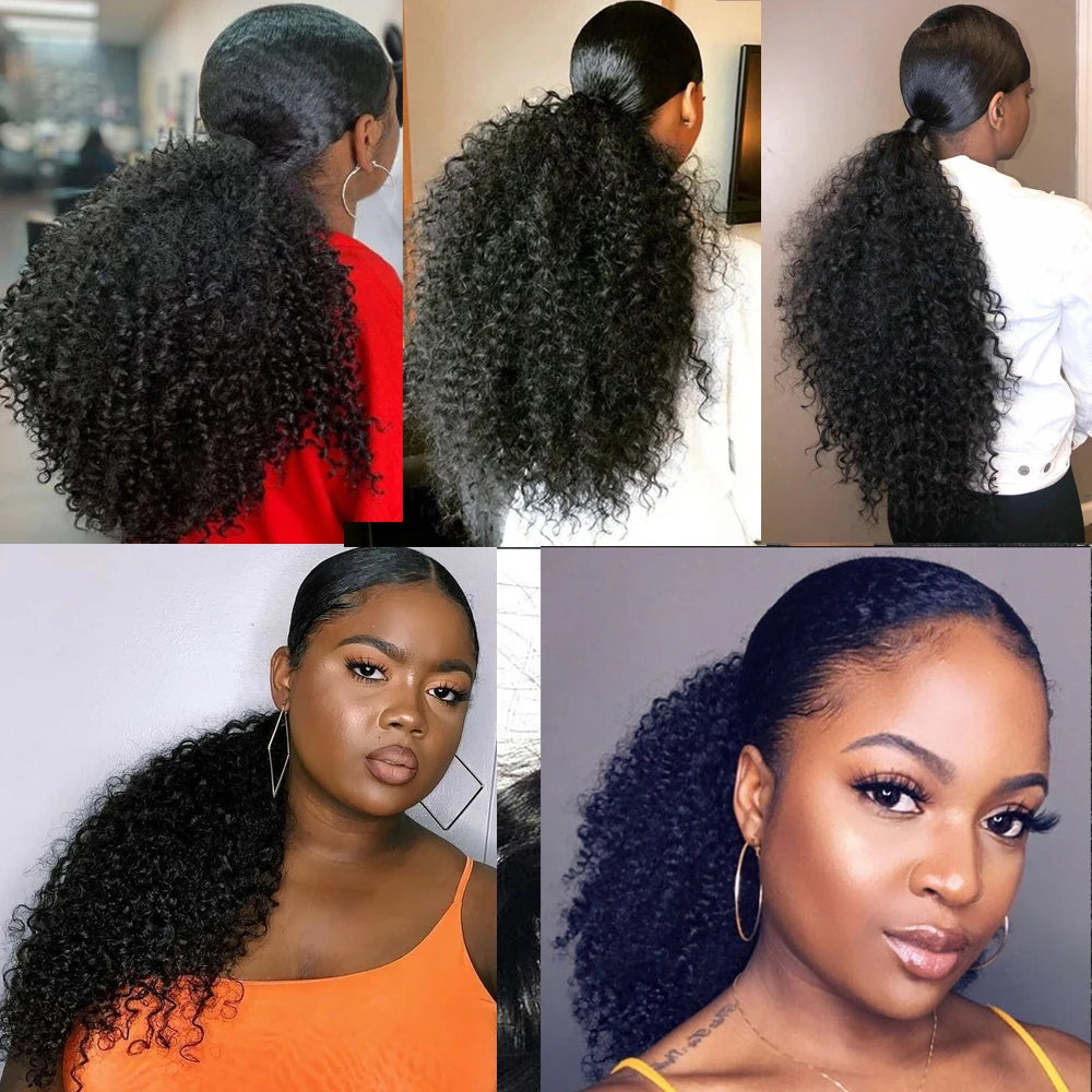 100% Human Hair Mongolian Afro Kinky Curly Ponytail Drawstring Ponytail Human Hair Extensions Clip 4B 4C Pony Tail For Woman