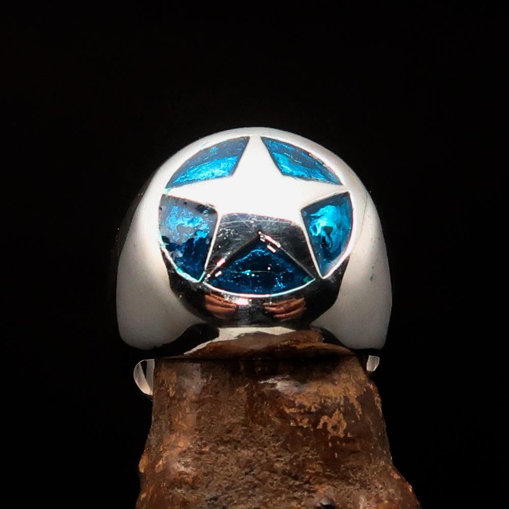 Excellent crafted Men's US Marshall Ring Blue Star - Sterling Silver