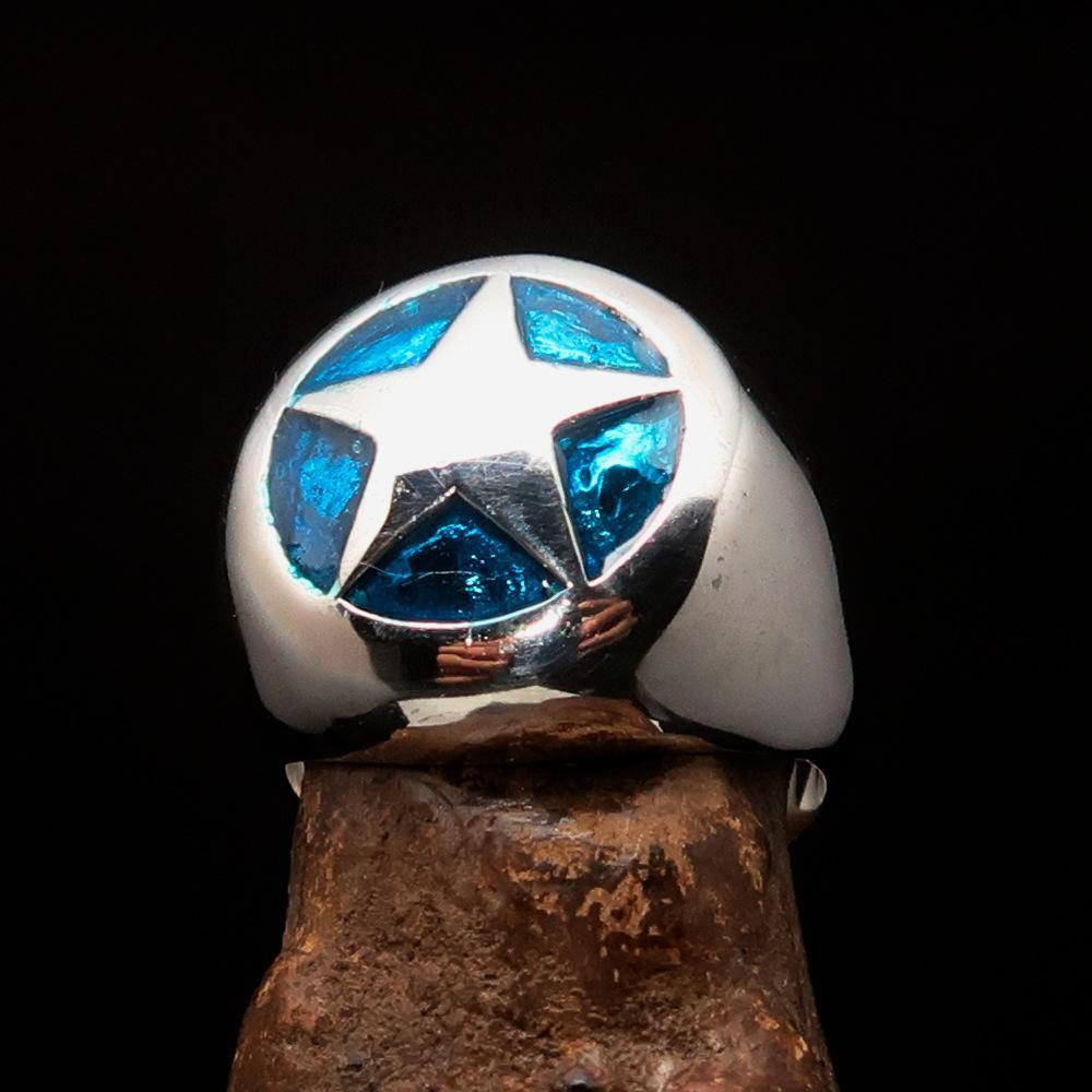 Excellent crafted Men's US Marshall Ring Blue Star - Sterling Silver
