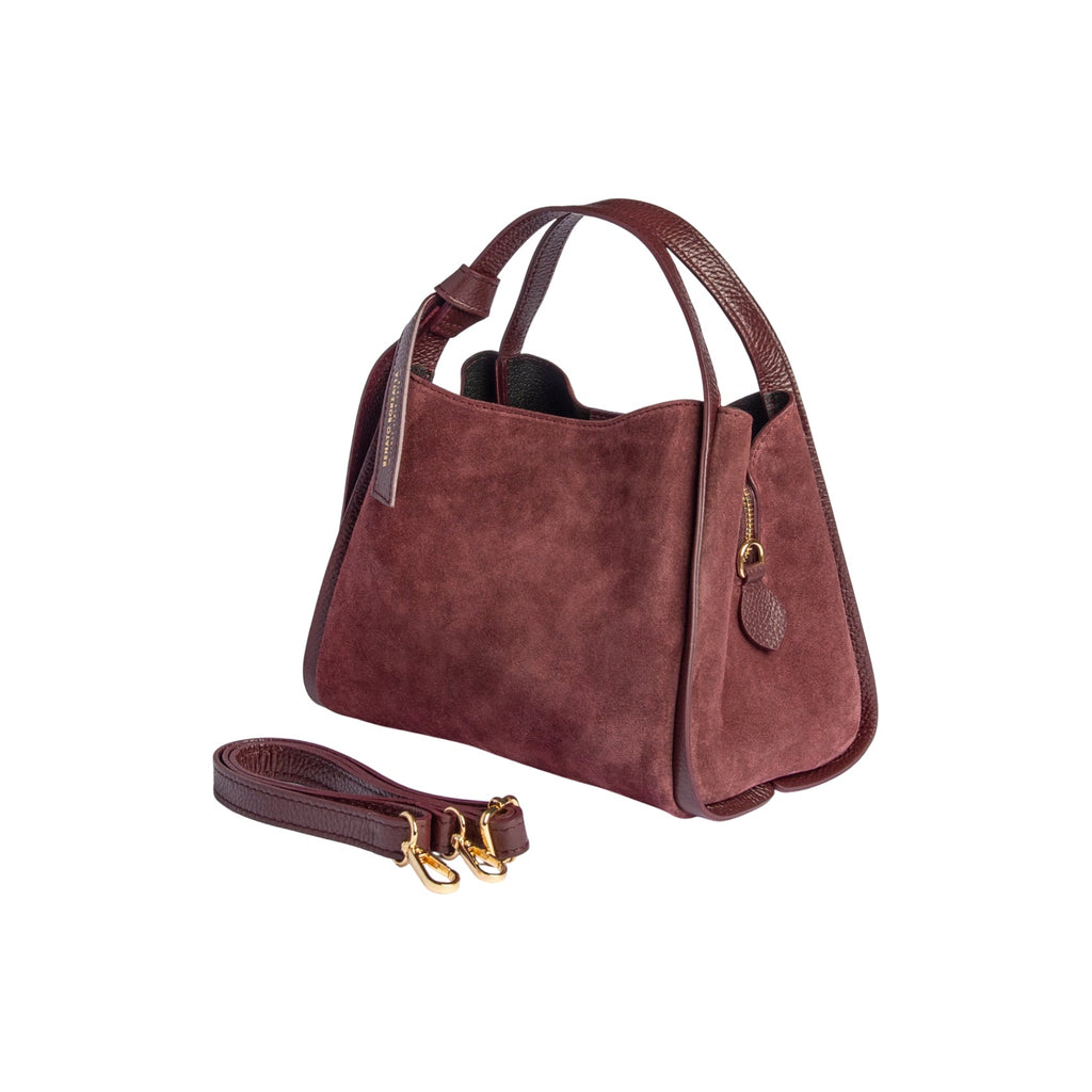 RB1035X | ALICE Women's Handbag in Genuine Suede, Made in Italy. Polished Gold Metal Accessories. Bordeaux Color. Dimensions: 26 x 20 x 15 + 12 cm (Handle Drop)