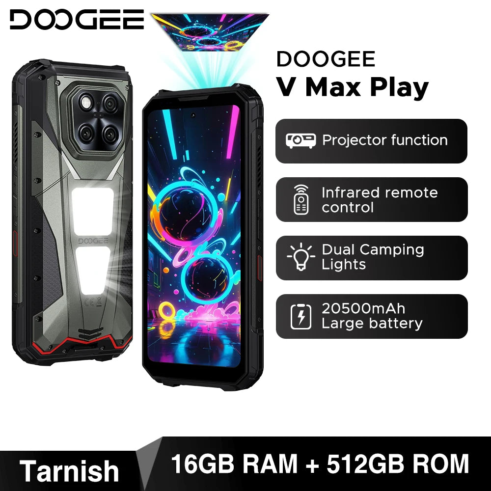 World Premiere DOOGEE V Max Play 5G Projector Rugged Phone 20500mAh Dual Camping Lights Dimensity 7300 16GB+512GB NFC Smartphone