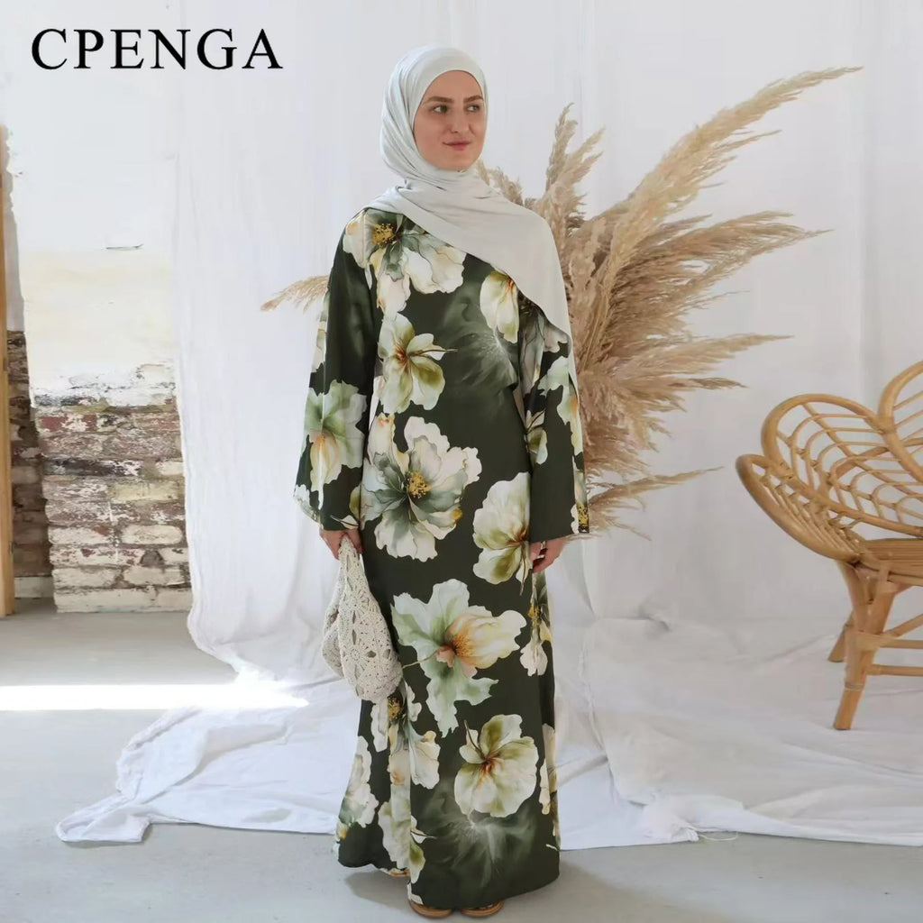 Printed Modest Bell-sleeve Dress with Back Waist Tie for Muslim Women Elegant Dubai Abaya Islamic Holiday Outfit New Turkey Robe