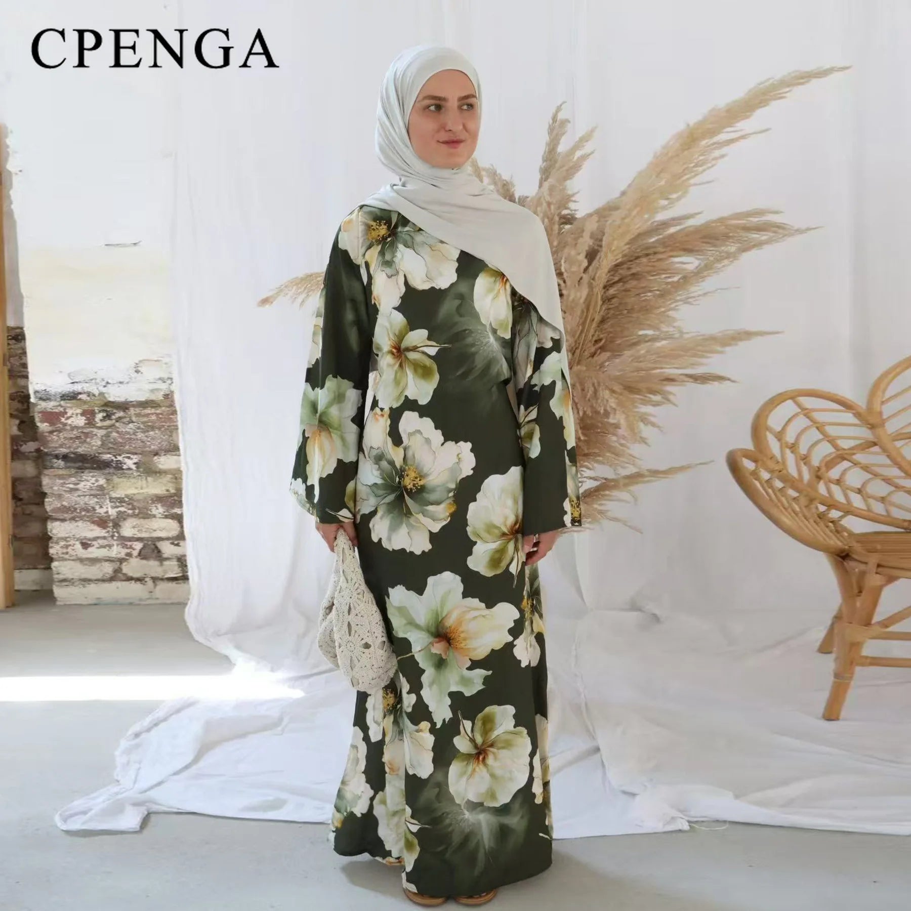 Printed Modest Bell-sleeve Dress with Back Waist Tie for Muslim Women Elegant Dubai Abaya Islamic Holiday Outfit New Turkey Robe
