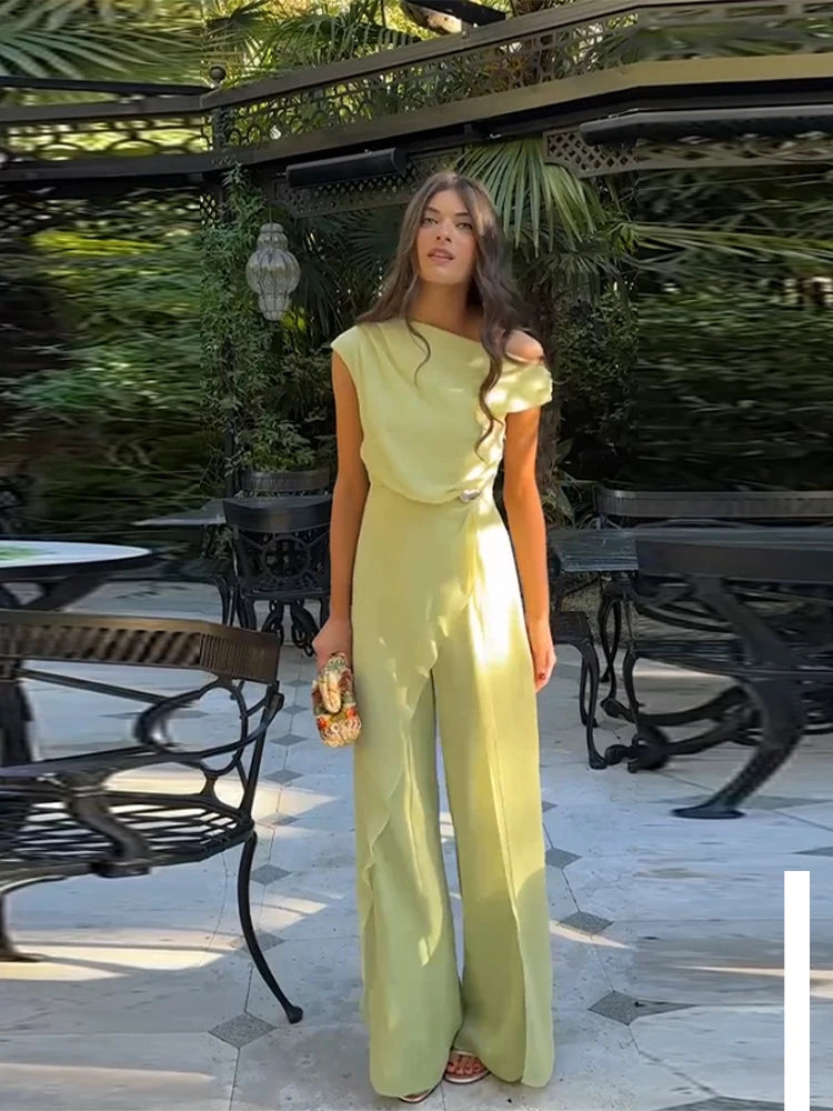 Loose One Shoulder Women 's Jumpsuit Elegant High Waist Wide Leg Overlay Bodysuit Female 2026 Summer Fashion New Woman Outwear