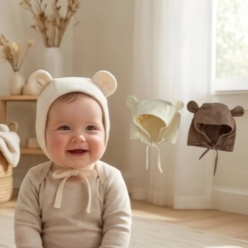 Spring Autumn Baby Bear Ear Bonnet Hat Cotton Strappy Hat for 0-12M Infant Protection Cap Earflap Beanie