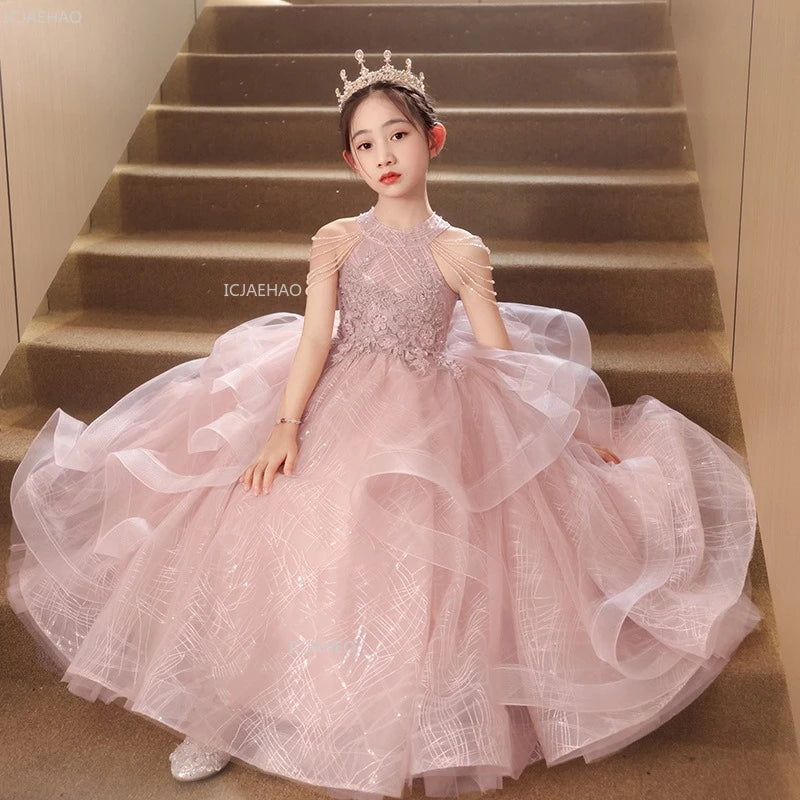 Pink Children Girls Birthday Princess Dress Flower Girl Wedding Gown Piano Performance Host Pageant Formal Celebration Clothes