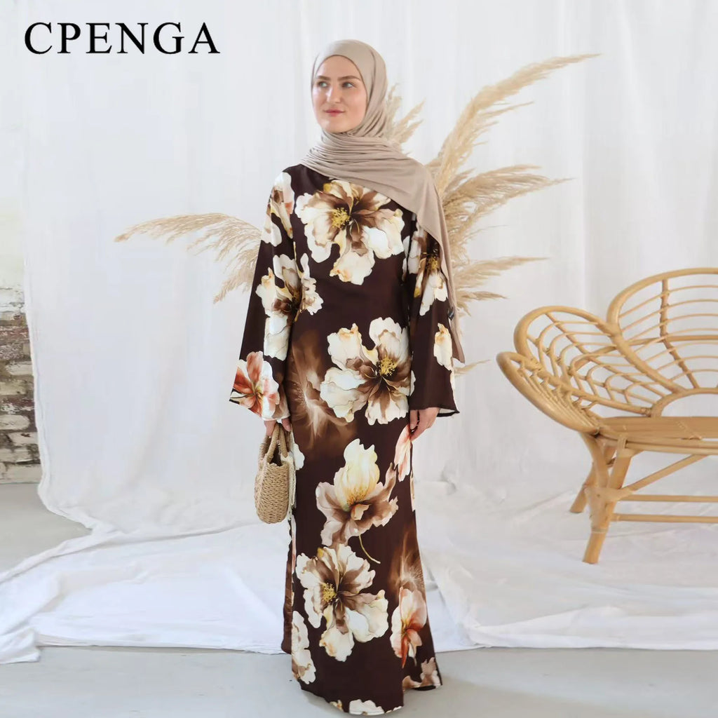 Printed Modest Bell-sleeve Dress with Back Waist Tie for Muslim Women Elegant Dubai Abaya Islamic Holiday Outfit New Turkey Robe