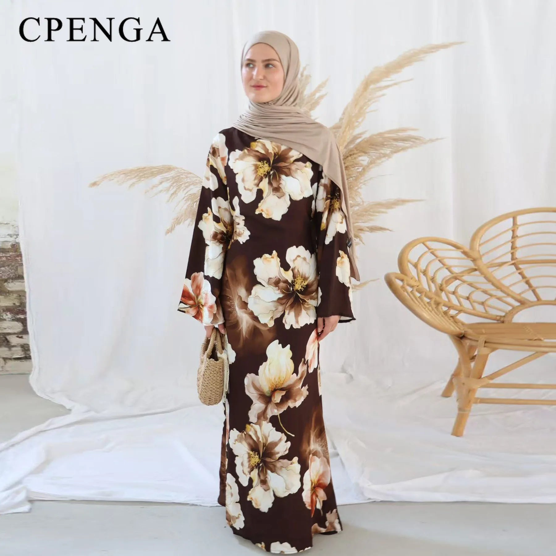 Printed Modest Bell-sleeve Dress with Back Waist Tie for Muslim Women Elegant Dubai Abaya Islamic Holiday Outfit New Turkey Robe