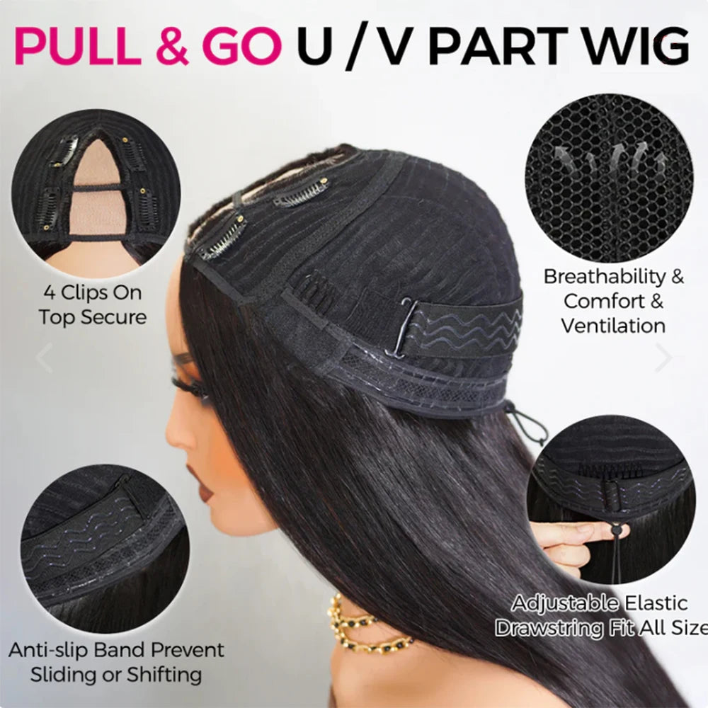 Bone Straight V Part Human Hair Wig For Women 200 Density Wear To Go Natural Colored Upgrade Glueless U Part Wigs Human Hair