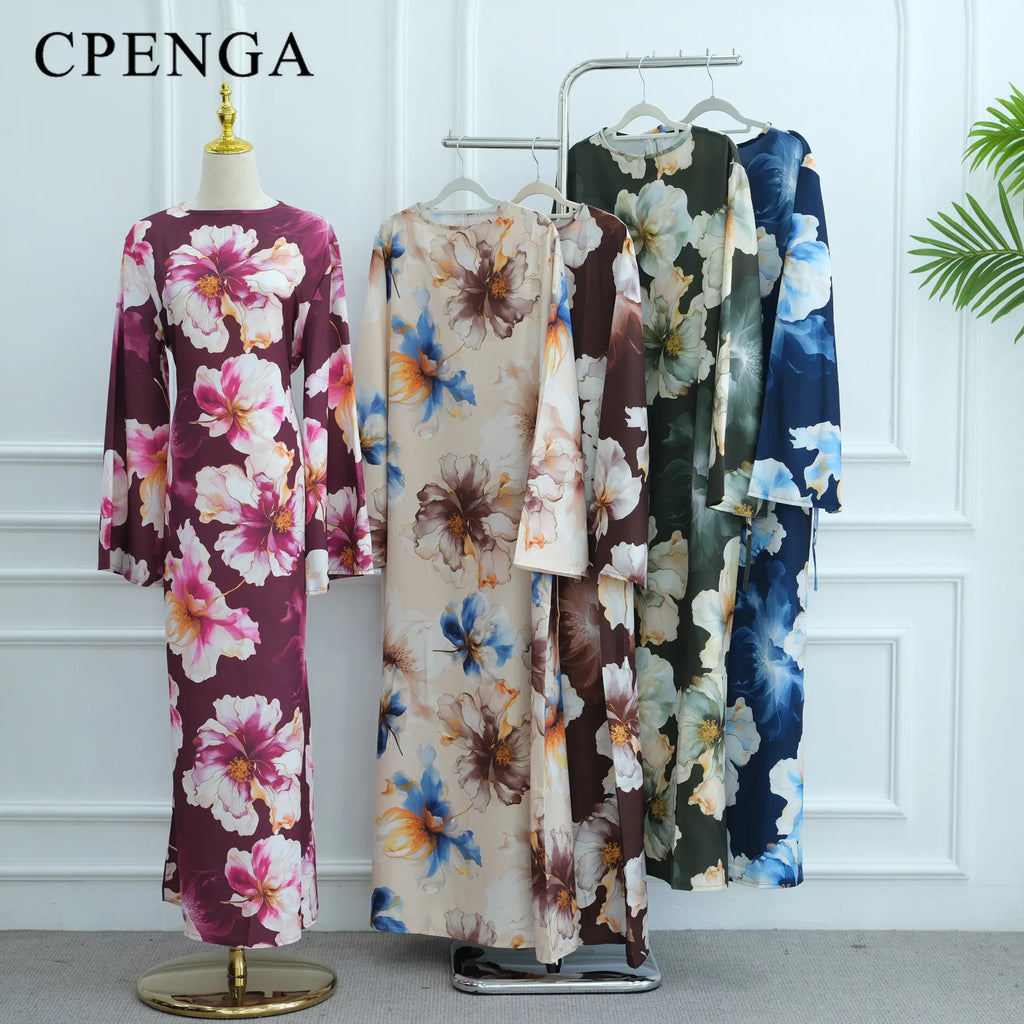 Printed Modest Bell-sleeve Dress with Back Waist Tie for Muslim Women Elegant Dubai Abaya Islamic Holiday Outfit New Turkey Robe