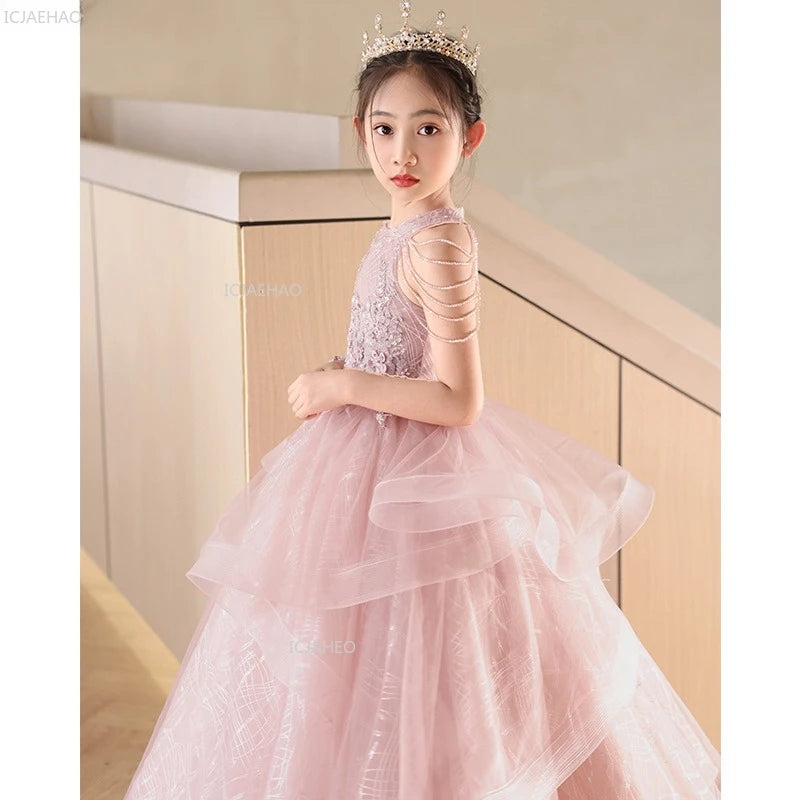 Pink Children Girls Birthday Princess Dress Flower Girl Wedding Gown Piano Performance Host Pageant Formal Celebration Clothes