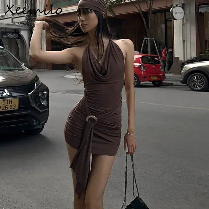 WhereMery Vintage Brown Low-cut Backless Mini Dress Y2K Women Bandage Pleated A-line Dresses Sexy 2024 Summer Cool Girl Vestidos