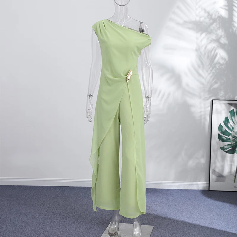 Loose One Shoulder Women 's Jumpsuit Elegant High Waist Wide Leg Overlay Bodysuit Female 2026 Summer Fashion New Woman Outwear