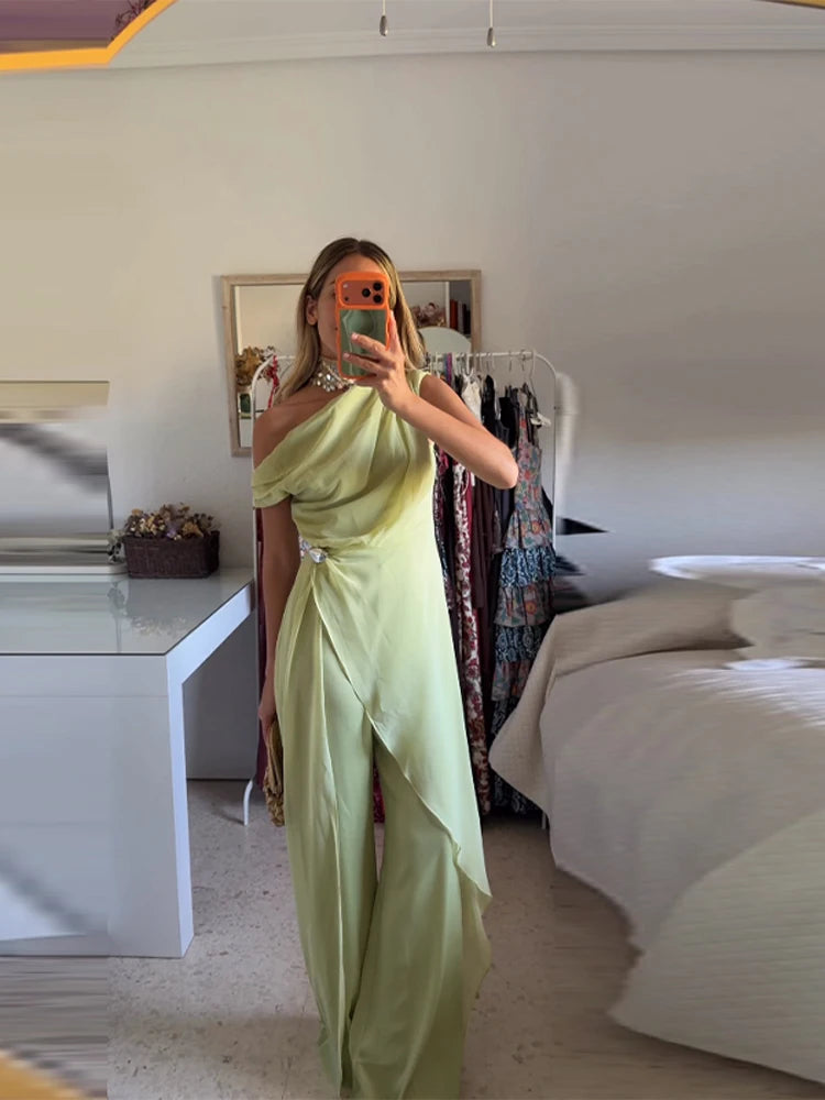Loose One Shoulder Women 's Jumpsuit Elegant High Waist Wide Leg Overlay Bodysuit Female 2026 Summer Fashion New Woman Outwear