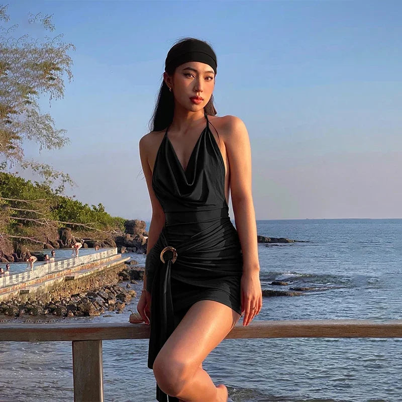 WhereMery Vintage Brown Low-cut Backless Mini Dress Y2K Women Bandage Pleated A-line Dresses Sexy 2024 Summer Cool Girl Vestidos
