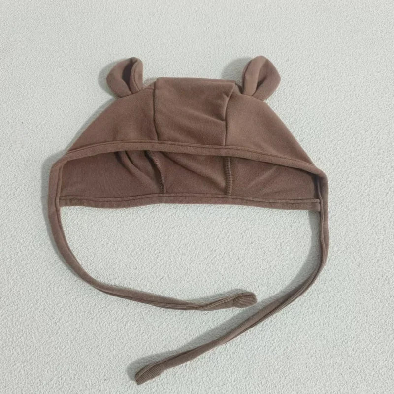 Spring Autumn Baby Bear Ear Bonnet Hat Cotton Strappy Hat for 0-12M Infant Protection Cap Earflap Beanie