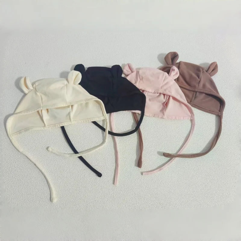 Spring Autumn Baby Bear Ear Bonnet Hat Cotton Strappy Hat for 0-12M Infant Protection Cap Earflap Beanie