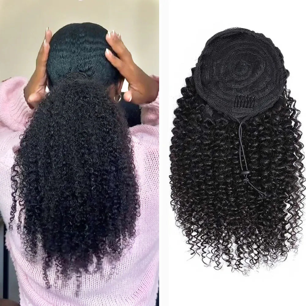 100% Human Hair Mongolian Afro Kinky Curly Ponytail Drawstring Ponytail Human Hair Extensions Clip 4B 4C Pony Tail For Woman