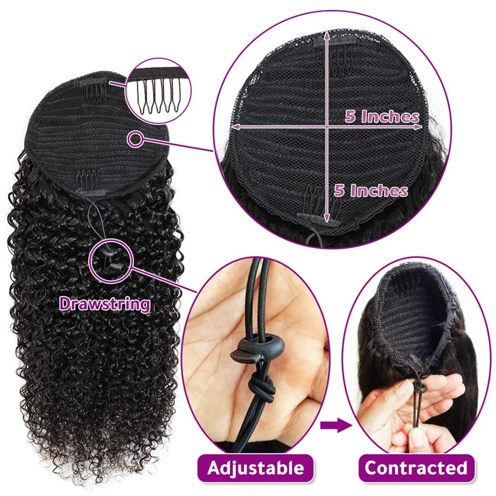 100% Human Hair Mongolian Afro Kinky Curly Ponytail Drawstring Ponytail Human Hair Extensions Clip 4B 4C Pony Tail For Woman