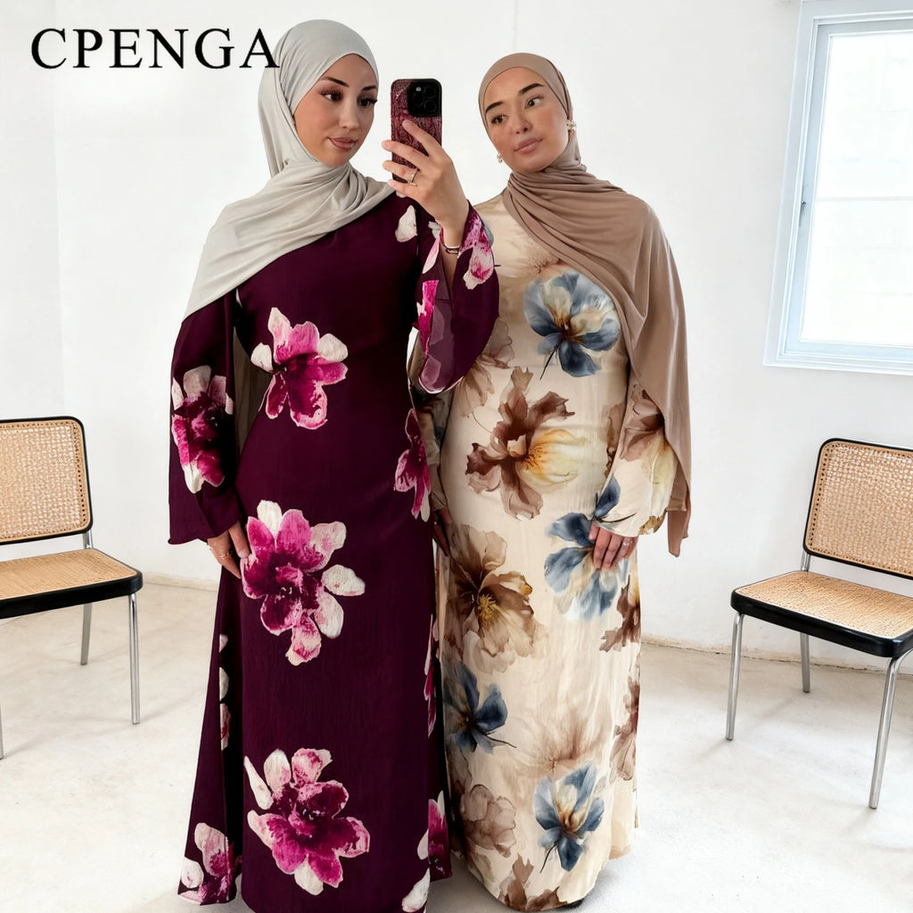 Printed Modest Bell-sleeve Dress with Back Waist Tie for Muslim Women Elegant Dubai Abaya Islamic Holiday Outfit New Turkey Robe