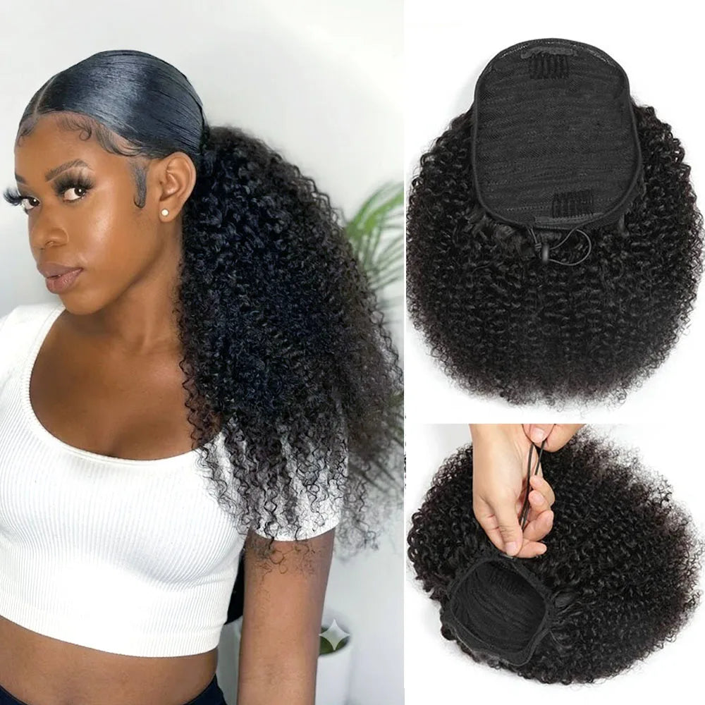 100% Human Hair Mongolian Afro Kinky Curly Ponytail Drawstring Ponytail Human Hair Extensions Clip 4B 4C Pony Tail For Woman