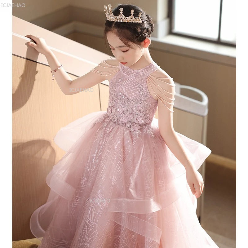 Pink Children Girls Birthday Princess Dress Flower Girl Wedding Gown Piano Performance Host Pageant Formal Celebration Clothes