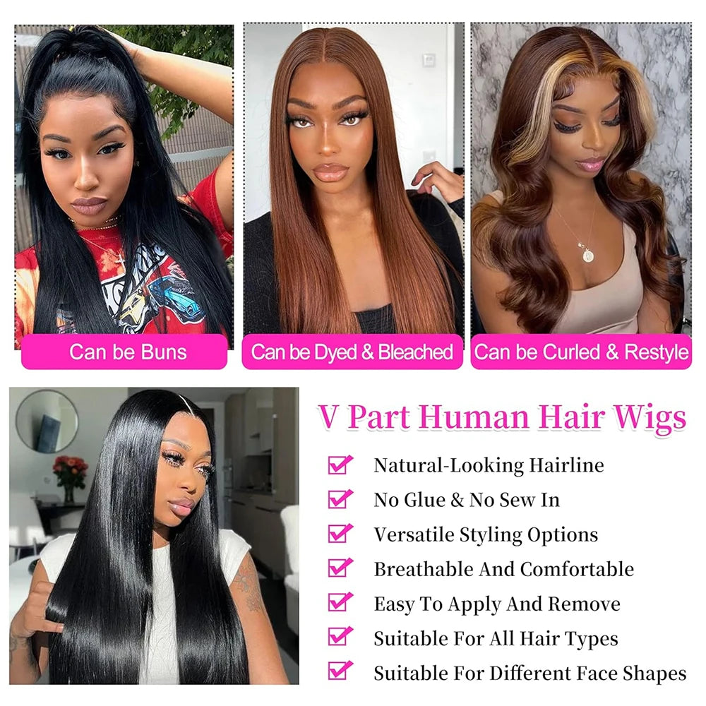 Bone Straight V Part Human Hair Wig For Women 200 Density Wear To Go Natural Colored Upgrade Glueless U Part Wigs Human Hair
