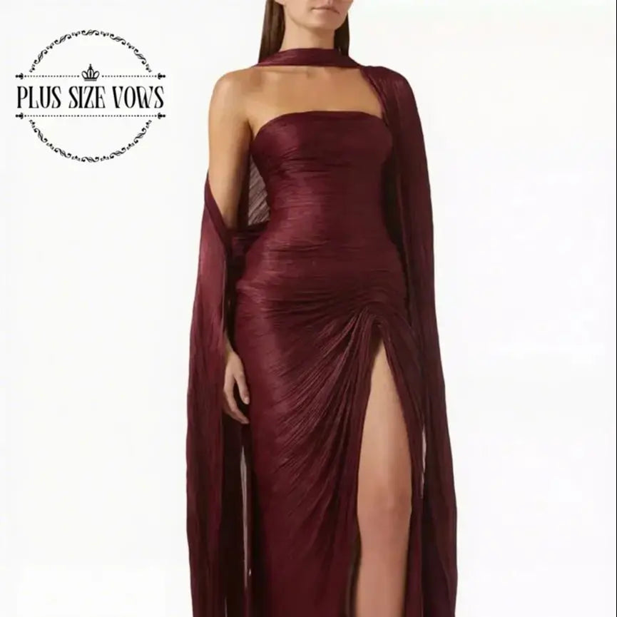 Customized Burgundy Strapless Sleeveless Luxury Evening Dress Pleat Split Floor Length Prom Dresses Mermaid Formal Gowns