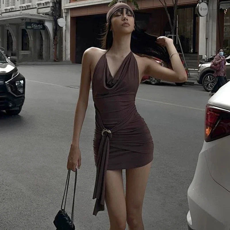 WhereMery Vintage Brown Low-cut Backless Mini Dress Y2K Women Bandage Pleated A-line Dresses Sexy 2024 Summer Cool Girl Vestidos