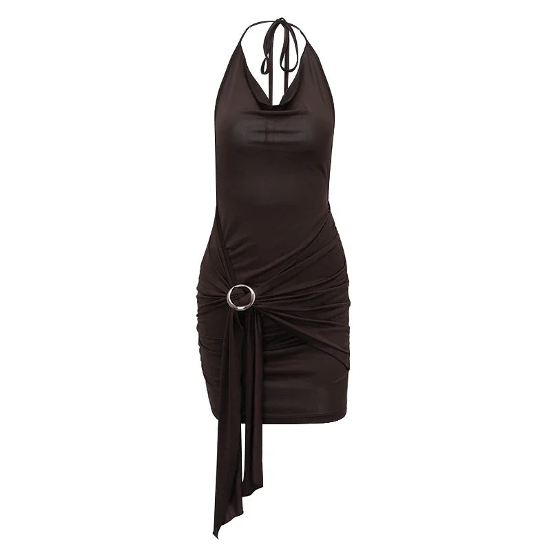 WhereMery Vintage Brown Low-cut Backless Mini Dress Y2K Women Bandage Pleated A-line Dresses Sexy 2024 Summer Cool Girl Vestidos