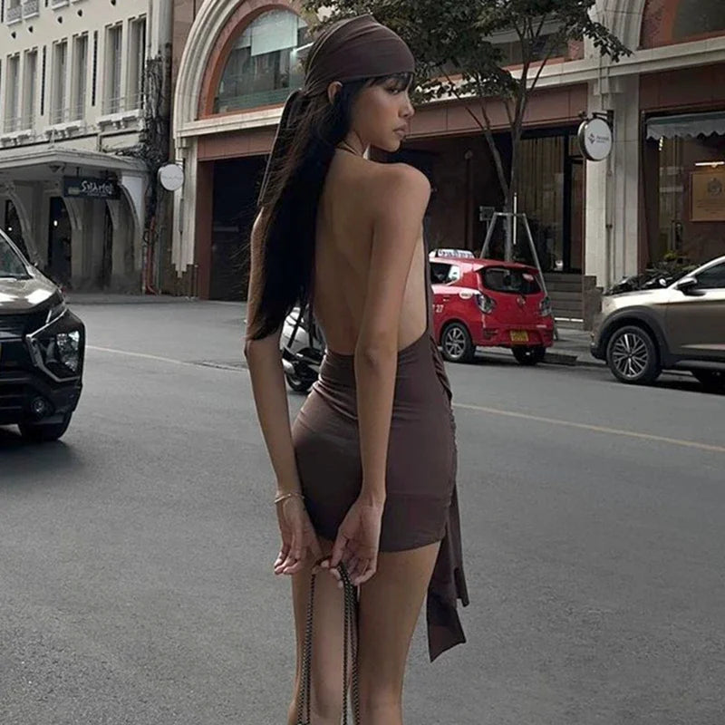WhereMery Vintage Brown Low-cut Backless Mini Dress Y2K Women Bandage Pleated A-line Dresses Sexy 2024 Summer Cool Girl Vestidos