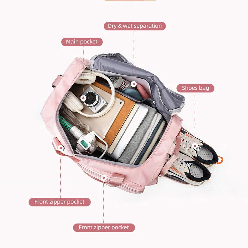 Travel Handbag Dry And Wet Separation Convertible Design Pink