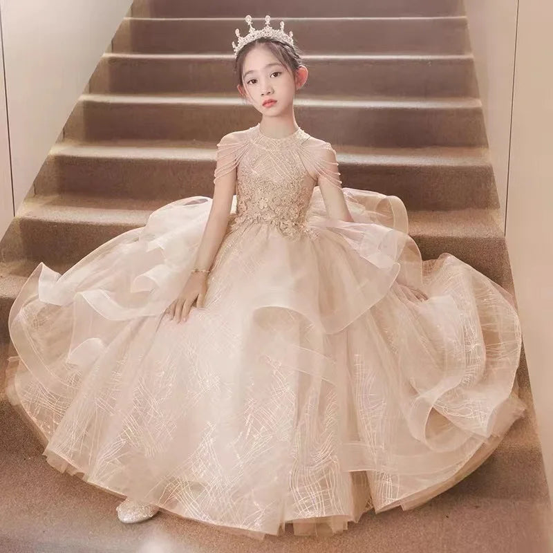 Pink Children Girls Birthday Princess Dress Flower Girl Wedding Gown Piano Performance Host Pageant Formal Celebration Clothes