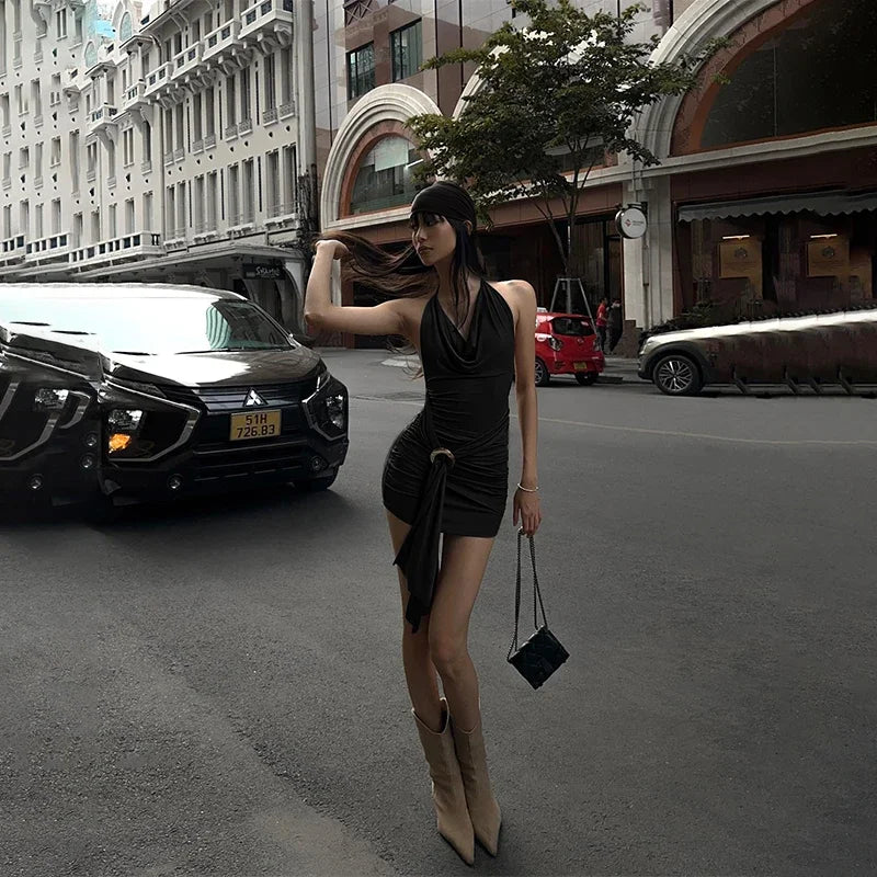 WhereMery Vintage Brown Low-cut Backless Mini Dress Y2K Women Bandage Pleated A-line Dresses Sexy 2024 Summer Cool Girl Vestidos