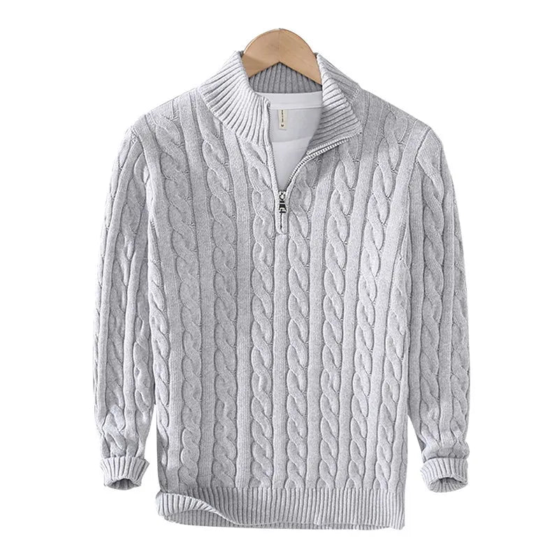 pure Cotton Sweaters Men's High Quality Autumn Cable Knit Christmas Sweater With Zipper Turtleneck Pullovers Zipper Pull Homme
