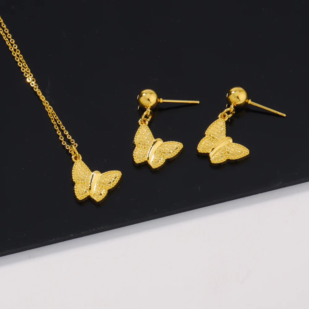 Exquisite Gold Color Butterfly Pendant Necklaces For Women Fashion Light Luxury Gold Color Necklace Earrings Sets Gifts