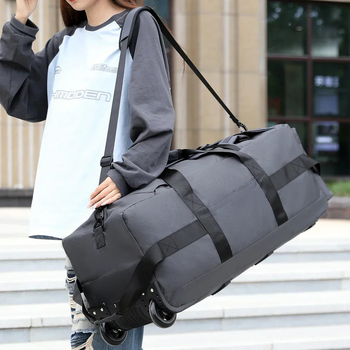 Roller Travel Duffel Bag with Fixed Casters Grey