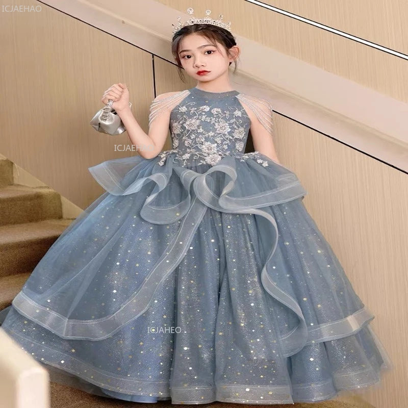 Pink Children Girls Birthday Princess Dress Flower Girl Wedding Gown Piano Performance Host Pageant Formal Celebration Clothes