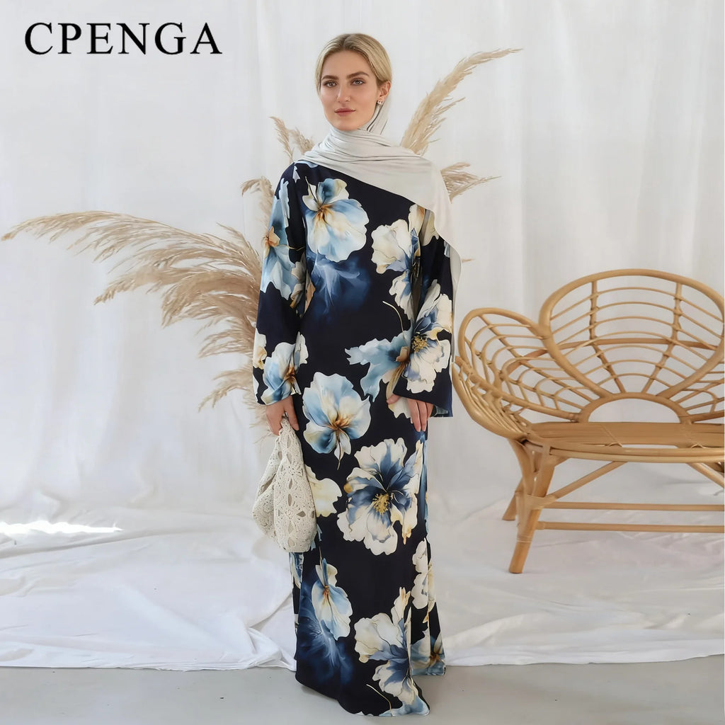 Printed Modest Bell-sleeve Dress with Back Waist Tie for Muslim Women Elegant Dubai Abaya Islamic Holiday Outfit New Turkey Robe