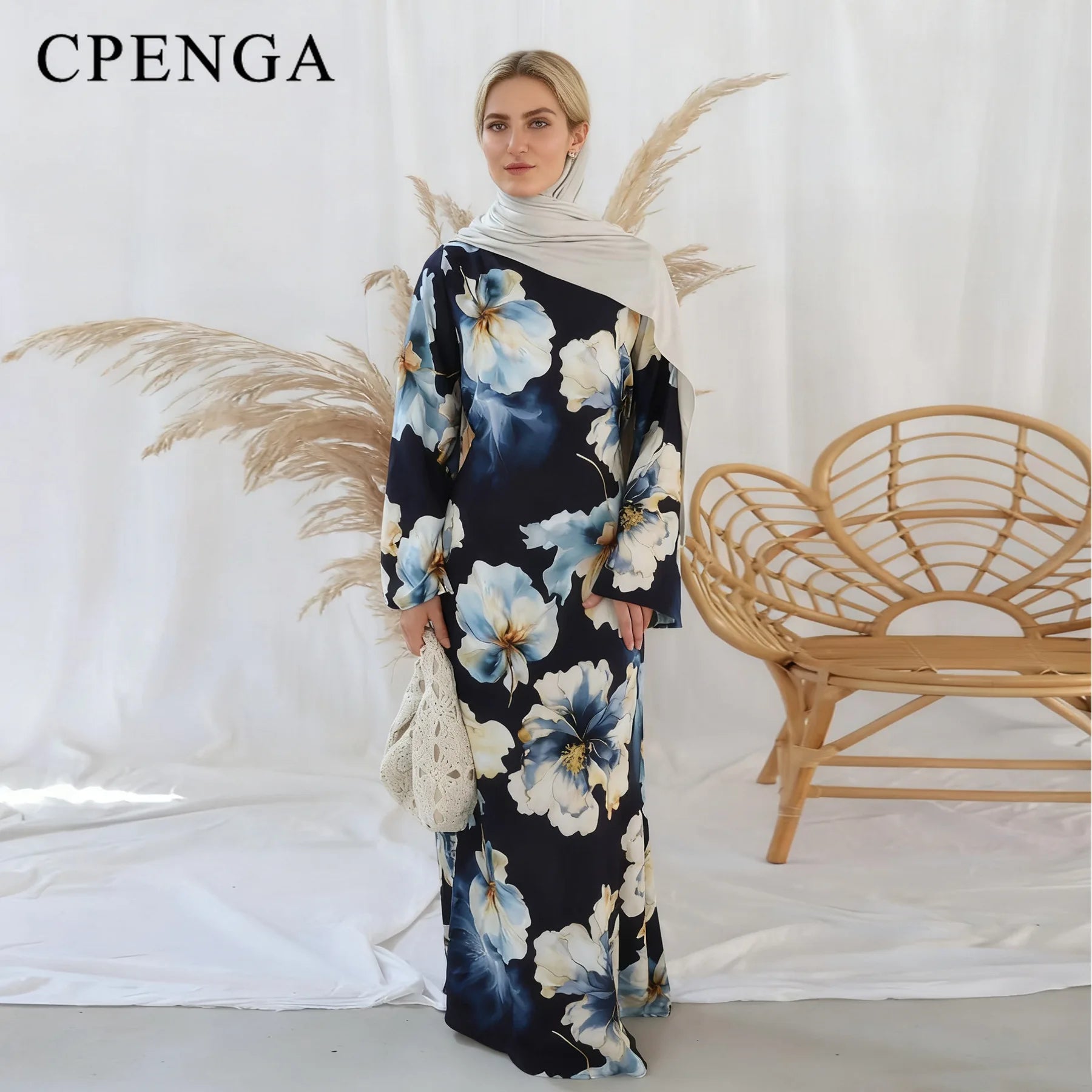 Printed Modest Bell-sleeve Dress with Back Waist Tie for Muslim Women Elegant Dubai Abaya Islamic Holiday Outfit New Turkey Robe