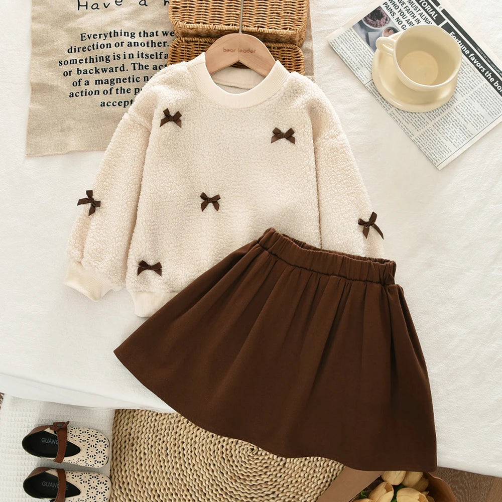 Khaki Fashion Autumn Winter New 3-7 Year Old Girls' Round Neck Long Sleeve Bow Top+pleated Skirt Two Piece Set Korean Version