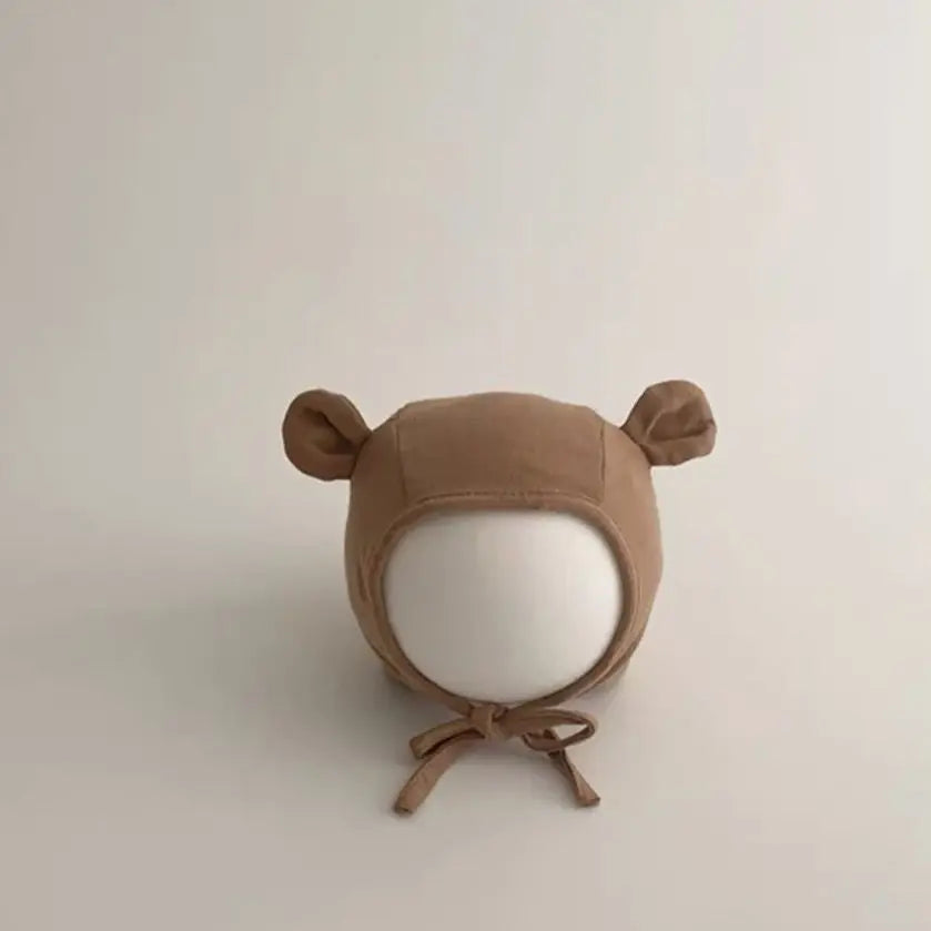 Spring Autumn Baby Bear Ear Bonnet Hat Cotton Strappy Hat for 0-12M Infant Protection Cap Earflap Beanie