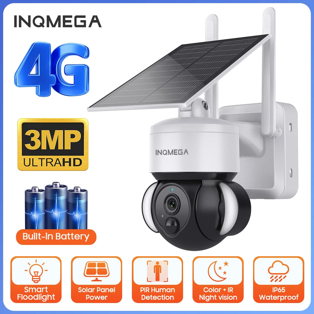 INQMEGA 4G SIM Solar Battery Camera Mini IP Camera Battery Mini Video Record IR Night Surveillance WiFi Security CCTV Camera
