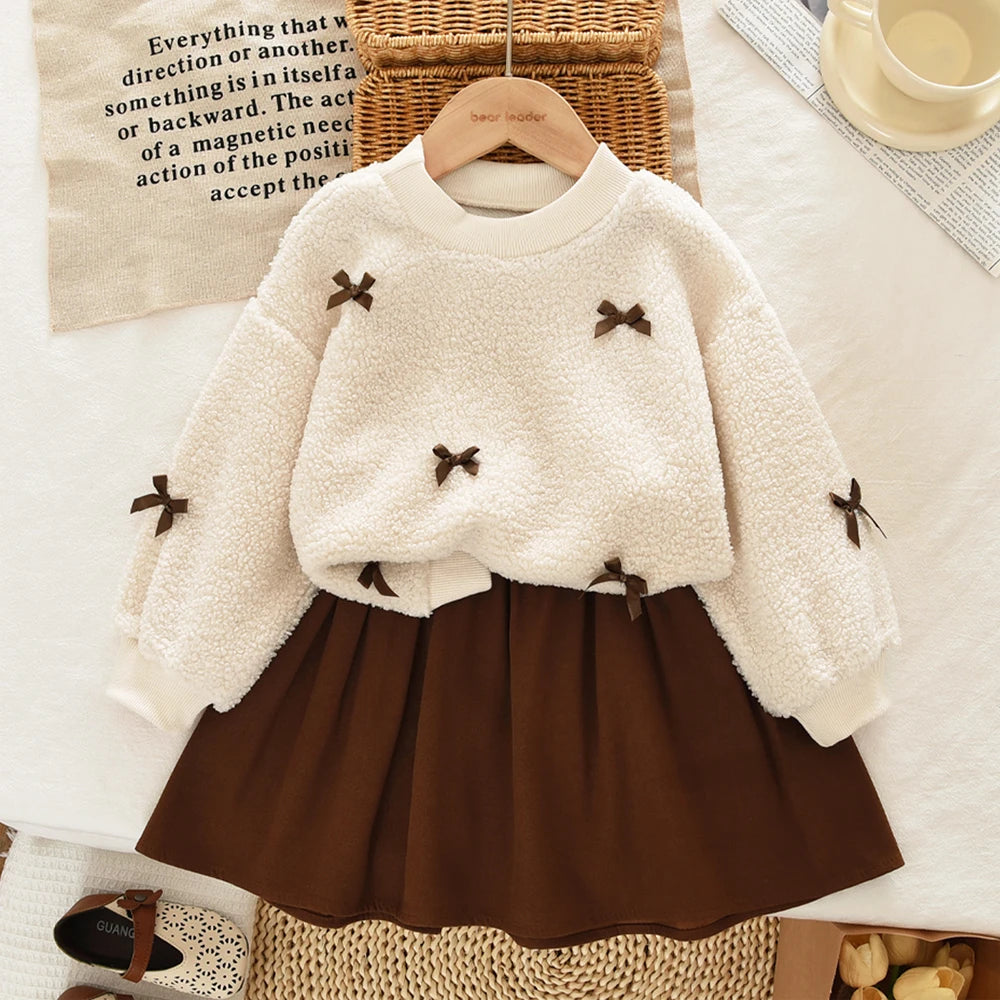 Khaki Fashion Autumn Winter New 3-7 Year Old Girls' Round Neck Long Sleeve Bow Top+pleated Skirt Two Piece Set Korean Version