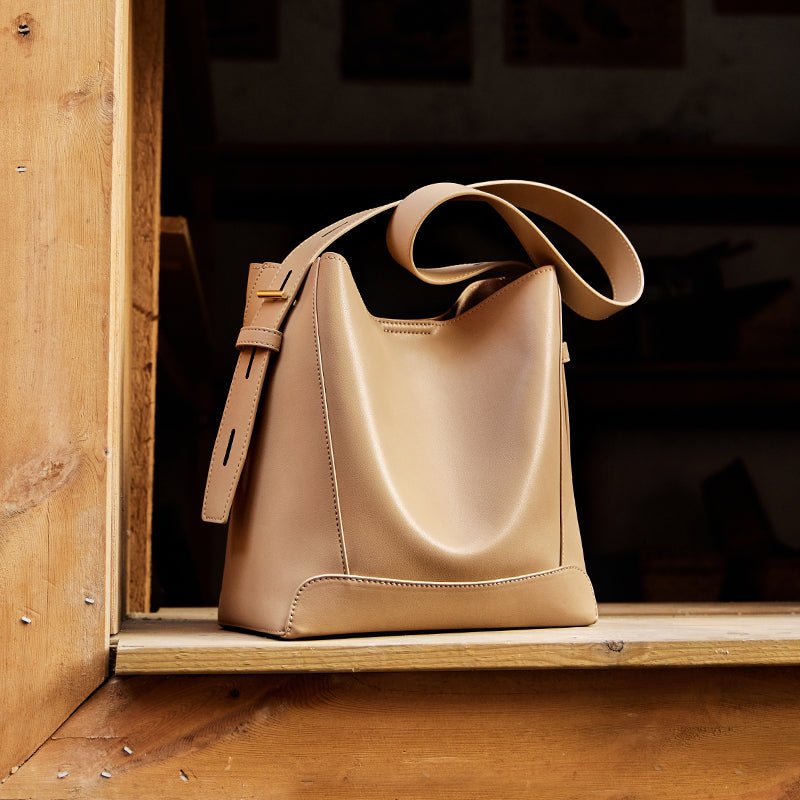 Luxe Genuine Leather Bucket Tote Shoulder Bag