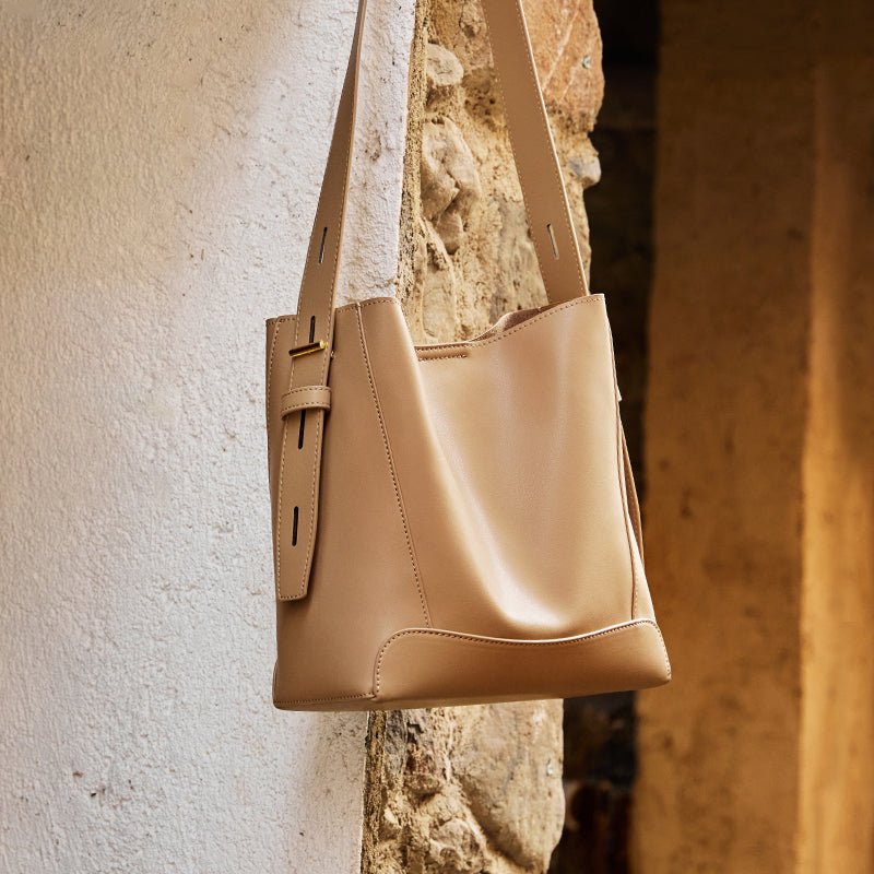 Luxe Genuine Leather Bucket Tote Shoulder Bag