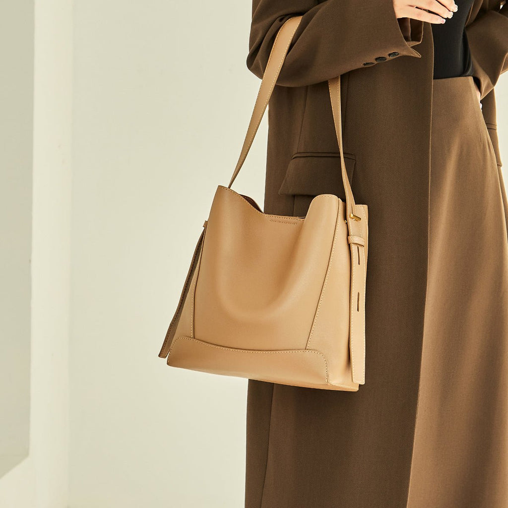 Luxe Genuine Leather Bucket Tote Shoulder Bag