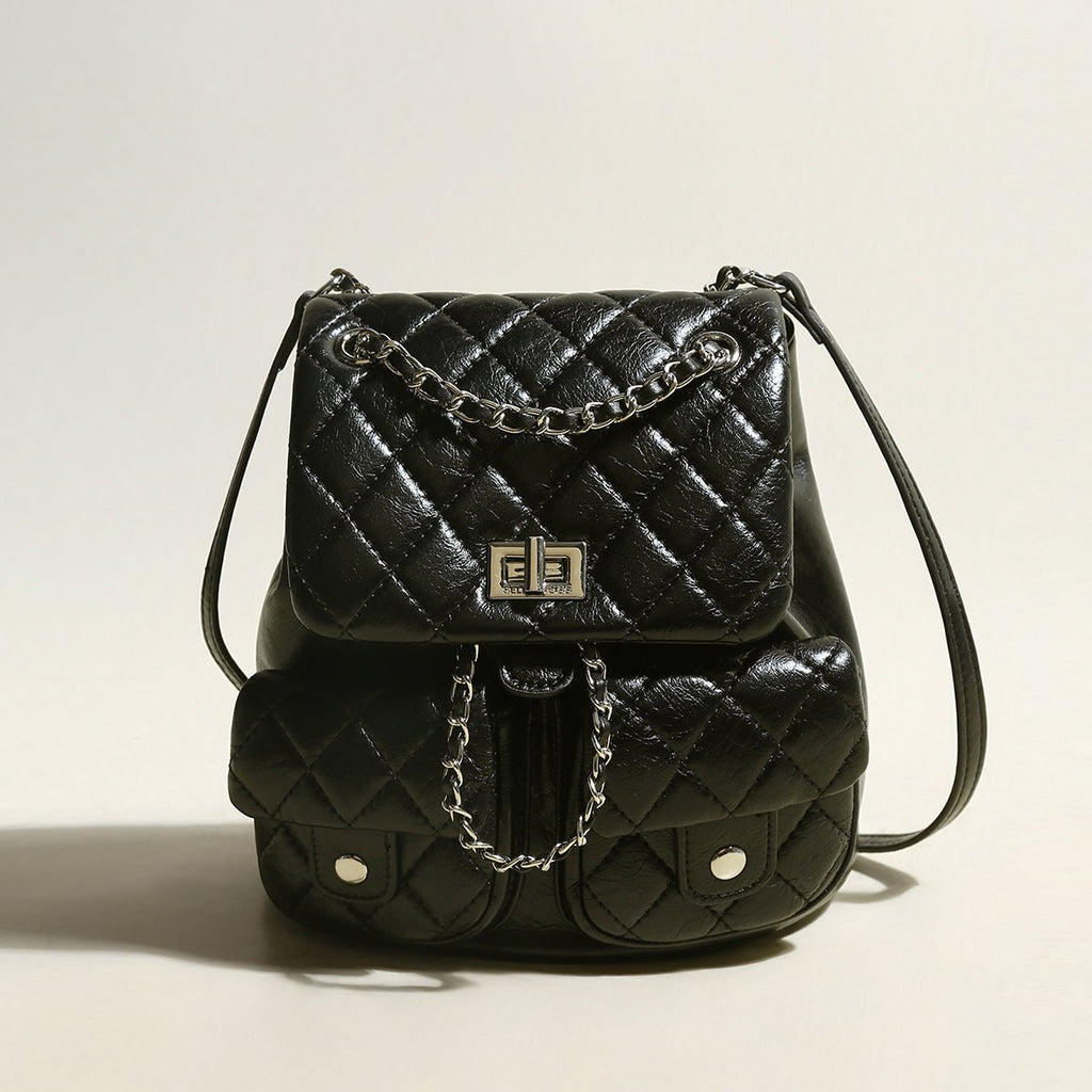 Multi-Pocket Chainstrap Quilted Backpack – Diamond-Quilted Leather Backpack with Silver Chain Straps & Turn-Lock Closure