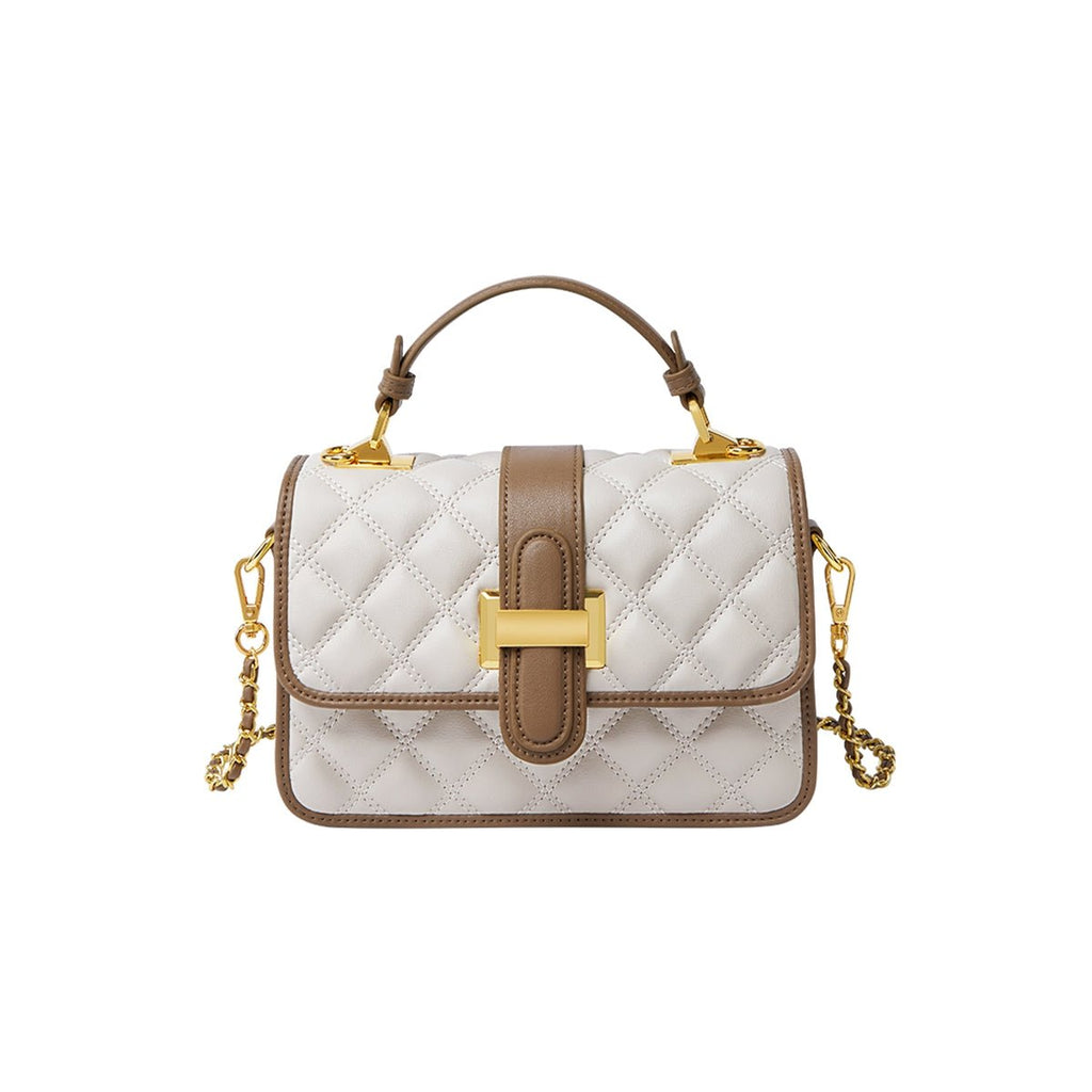 White Quilted Leather Satchel Bag with Gold Chain Strap
